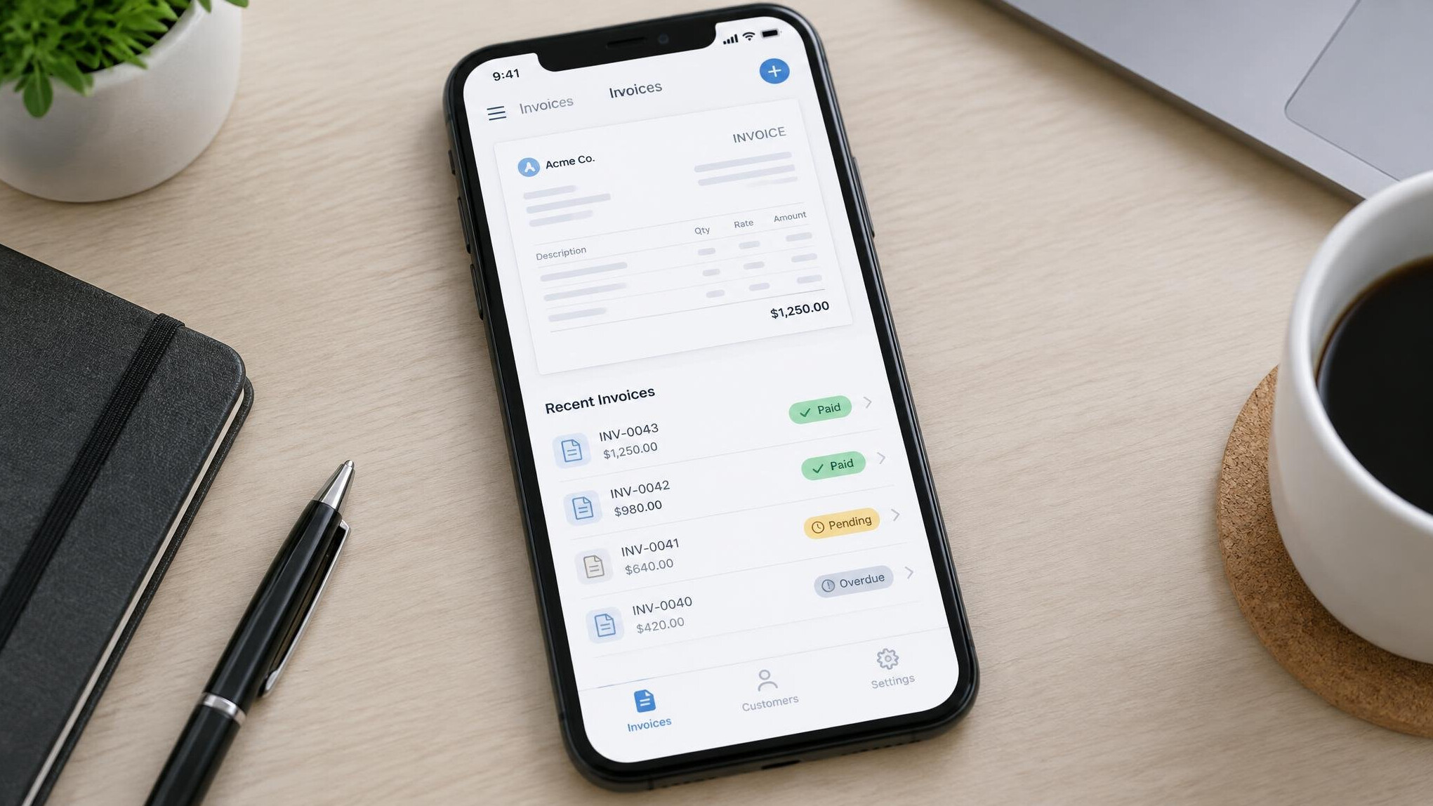 Smartphone displaying a mobile invoicing app with an invoice preview