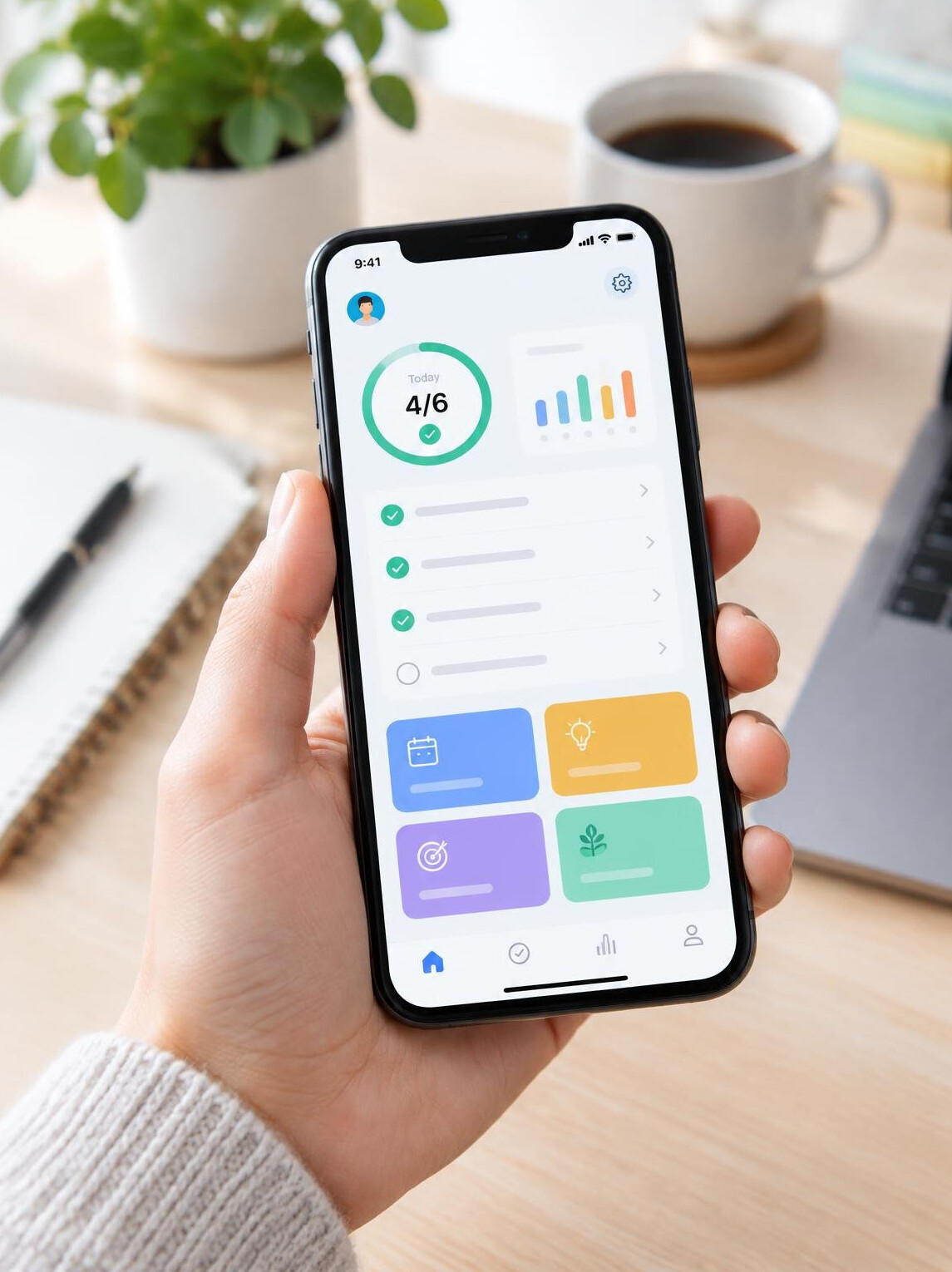 Hand holding a smartphone showing a colorful productivity app dashboard
