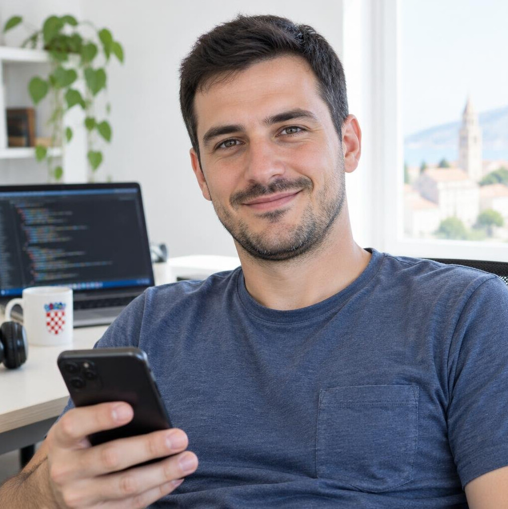 Portrait of a Croatian man software developer in his thirties with a phone in hand