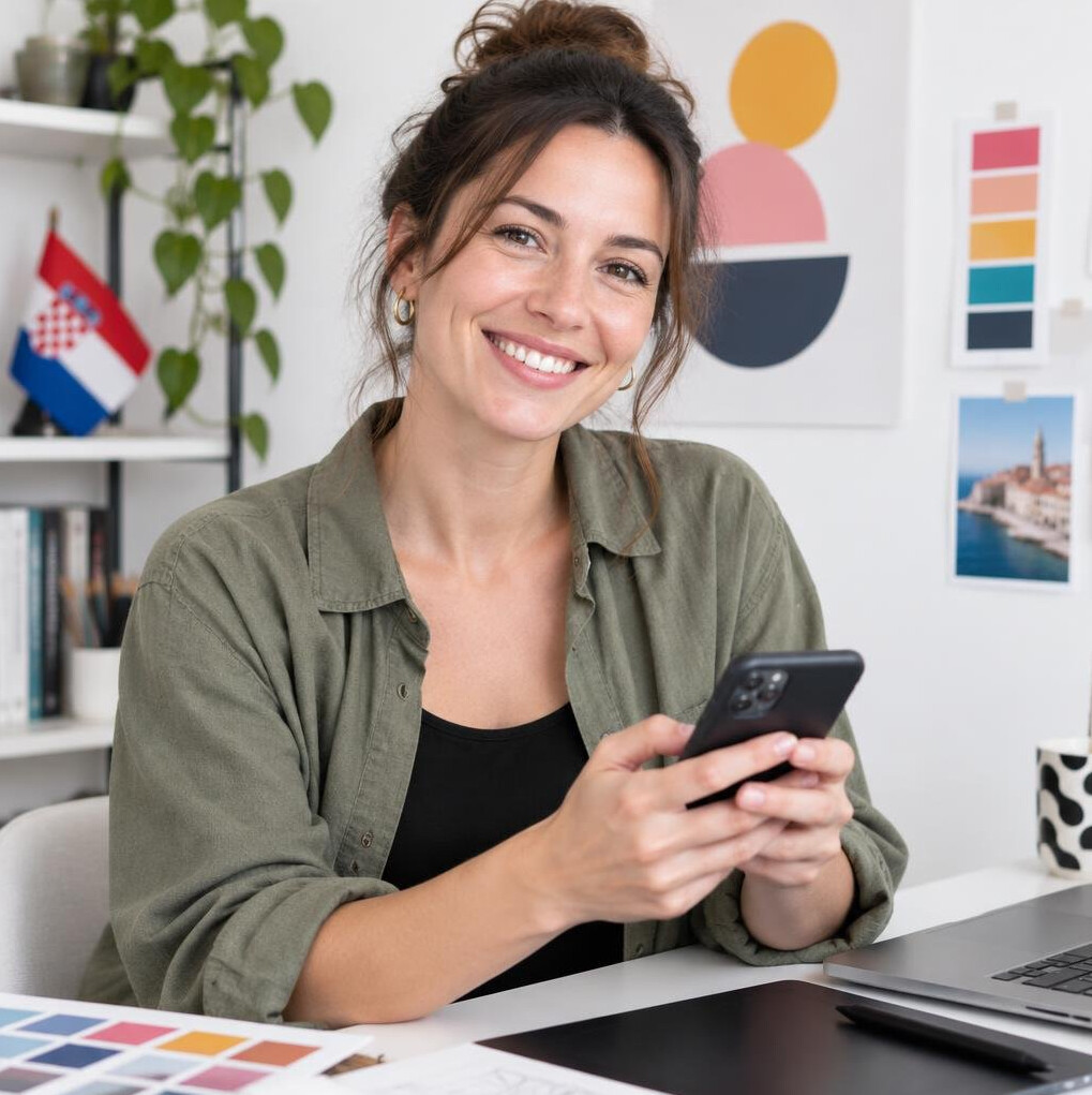Portrait of a smiling Croatian woman graphic designer in her thirties holding a smartphone