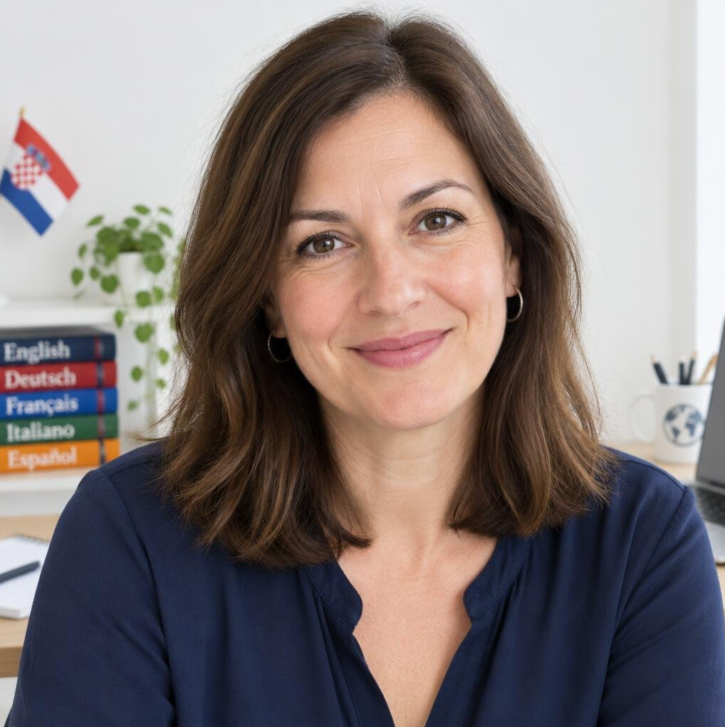 Portrait of a Croatian woman translator in her forties smiling at the camera