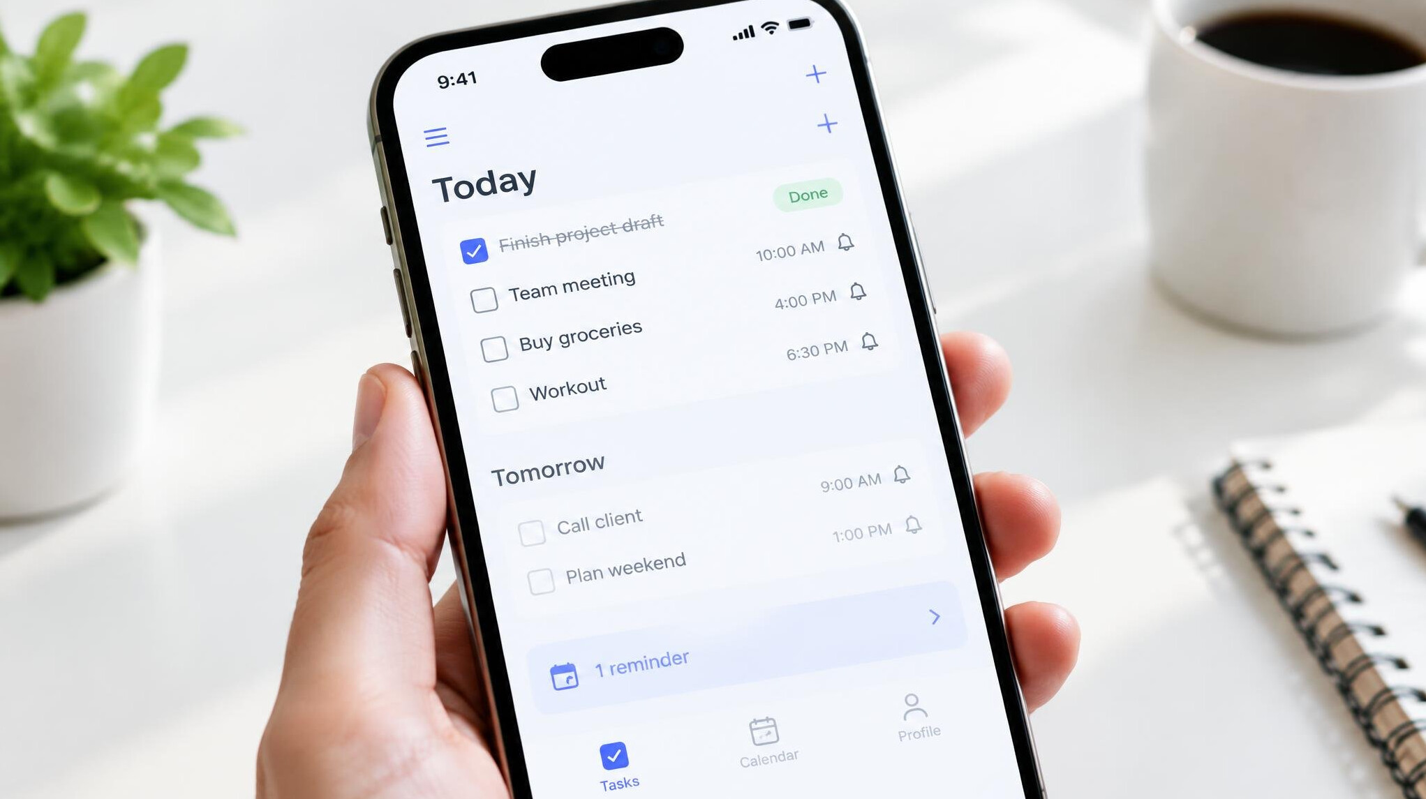 Smartphone screen showing a task planner app with checklists