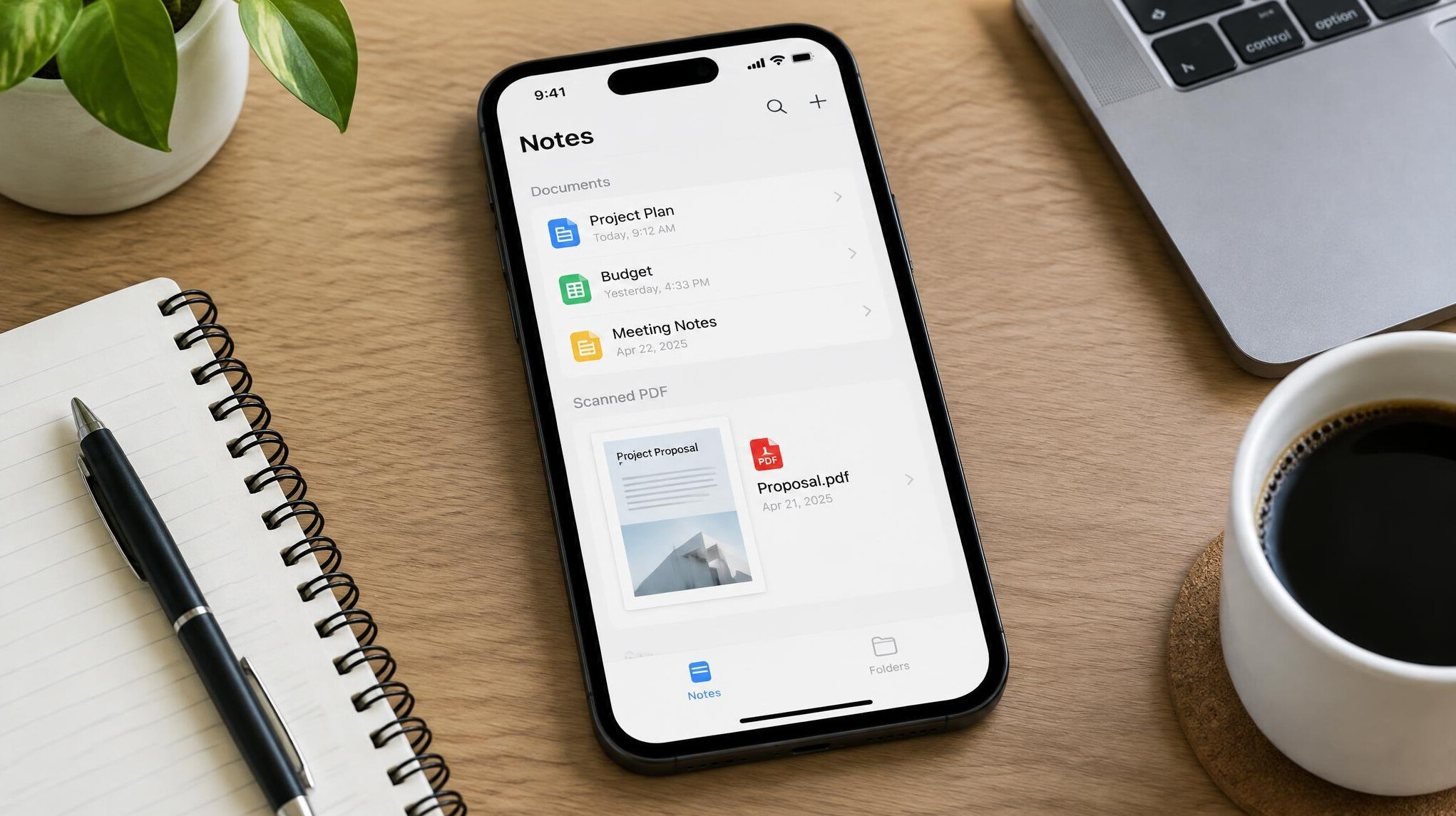 Smartphone showing a note-taking app with document list