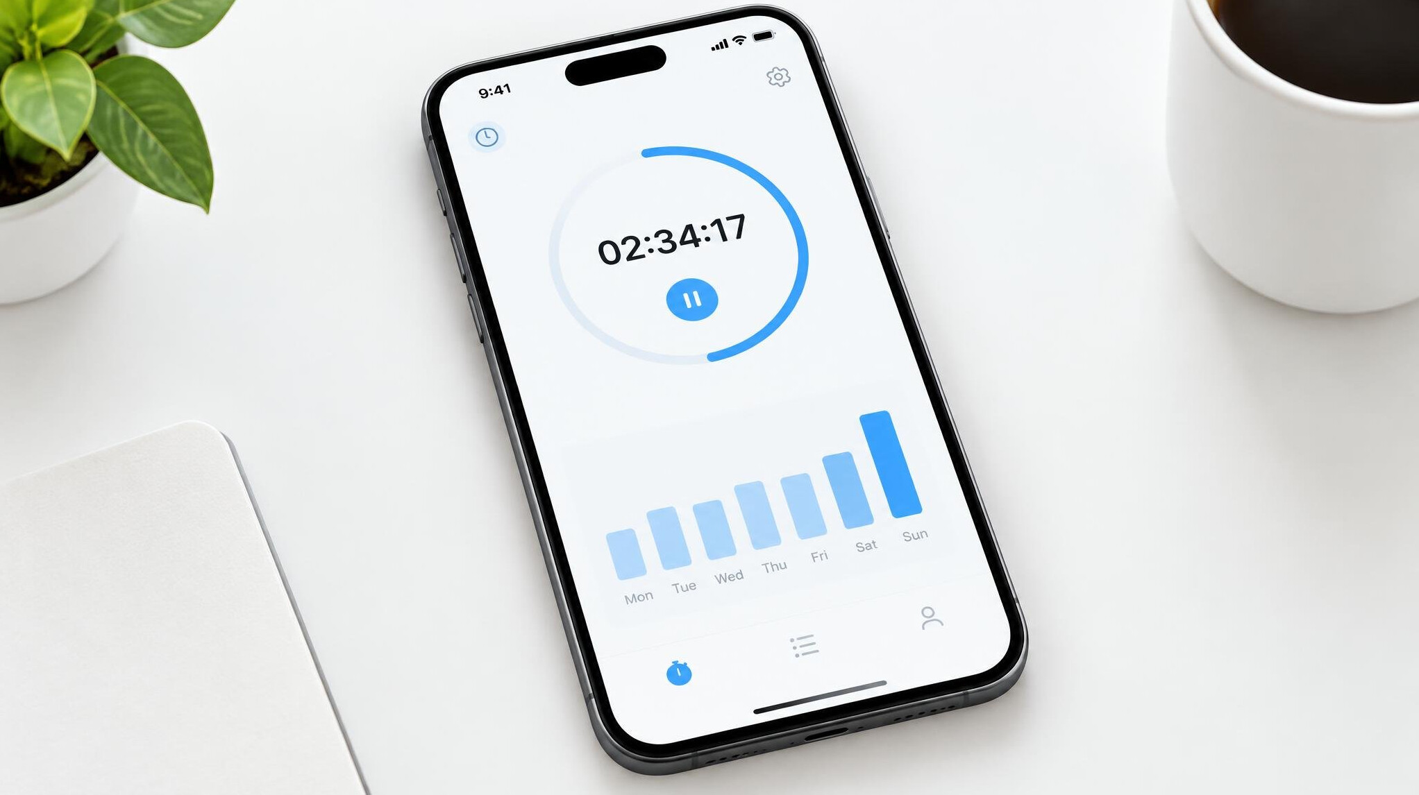 Smartphone with a time tracking app and a home screen widget