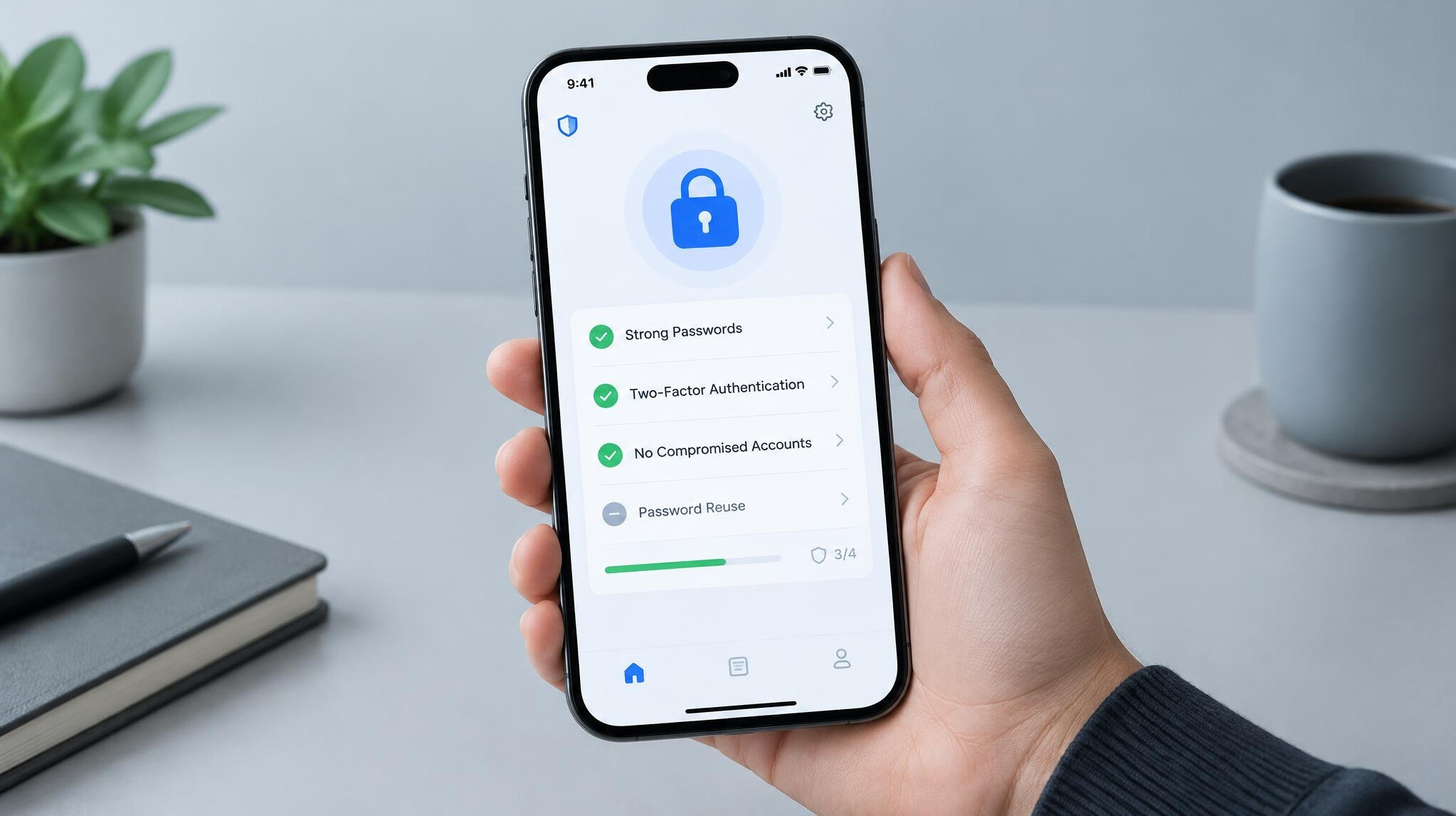 Smartphone showing a password manager app with security checklist